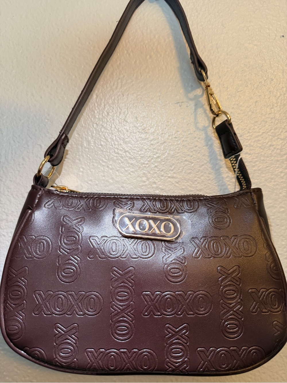 XOXO Embossed Chocolate Brown Shoulder Bag with Gold Hardware